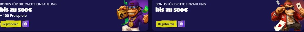German casino bonus banners for the second and third deposit offers, each up to €500, with yellow registration buttons and cartoon monkey characters on a dark background.