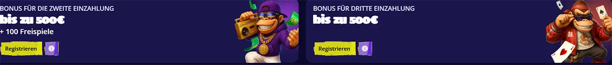 German casino bonus banners for the second and third deposit offers, each up to €500, with yellow registration buttons and cartoon monkey characters on a dark background.